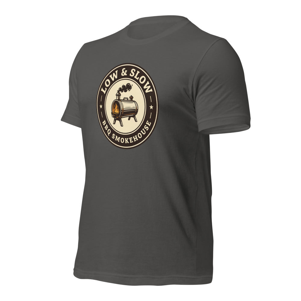 Low & Slow BBQ smoker tee — Asphalt, front-right