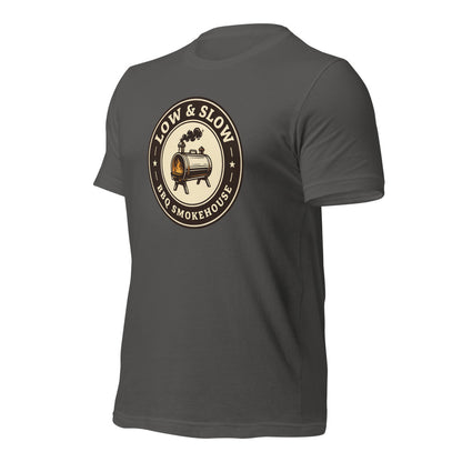 Low & Slow BBQ smoker tee — Asphalt, front-right