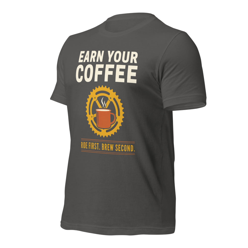 Earn Your Coffee retro cycling coffee t-shirt — Asphalt, front-right