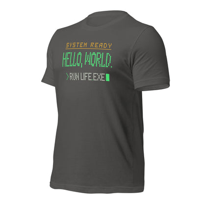 Hello World retro boot screen programmer tee — Asphalt, front-right