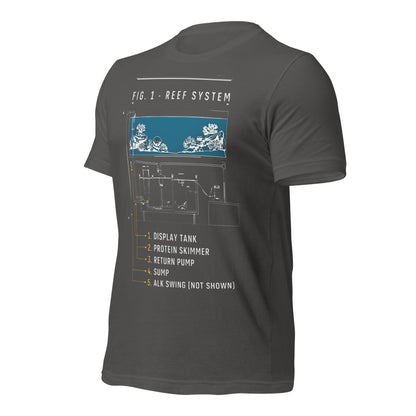 Reef System technical cutaway saltwater aquarium t-shirt — Asphalt, front-right