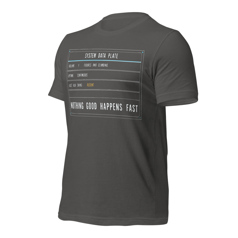 Nothing Good Happens Fast reef system data plate saltwater aquarium t-shirt — Asphalt, front-right