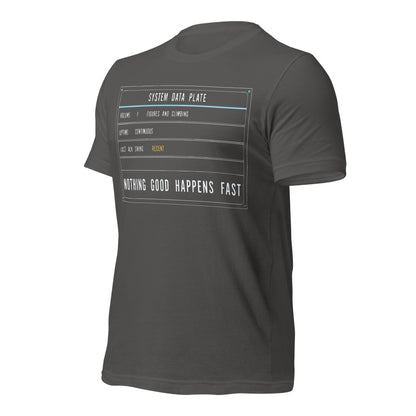Nothing Good Happens Fast reef system data plate saltwater aquarium t-shirt — Asphalt, front-right