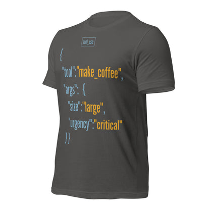 Tool Call Make Coffee AI engineer tee — Asphalt, front-right
