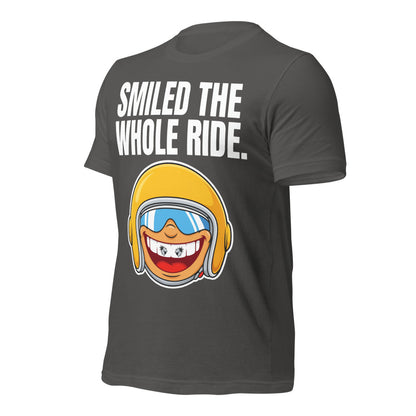 Smiled The Whole Ride funny motorcycle tee — Asphalt, front-right