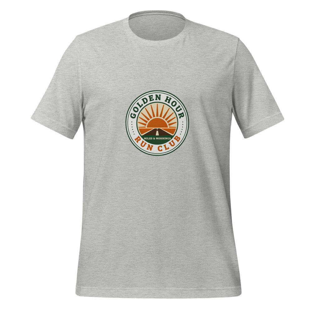 Golden Hour Run Club retro running tee — Athletic Heather, front