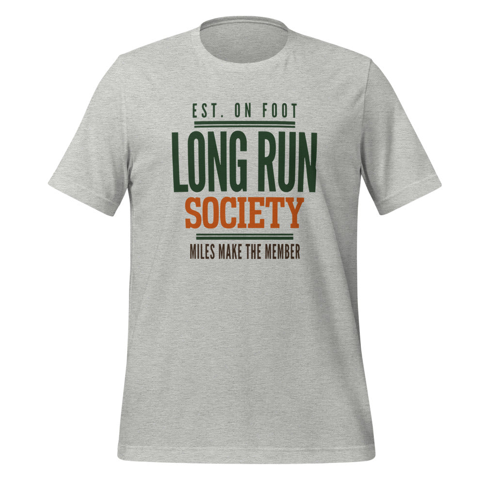 Long Run Society retro running tee — Athletic Heather, front