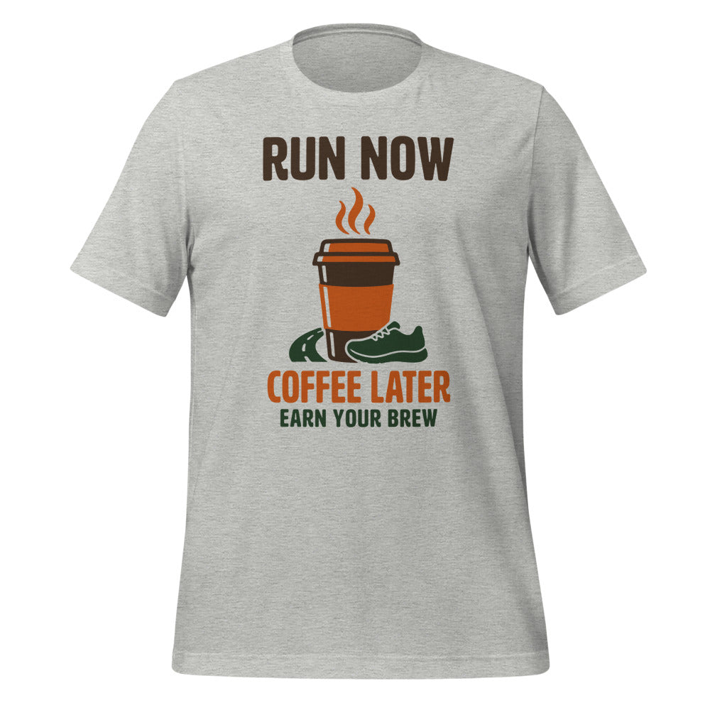 Run Now Coffee Later funny running tee — Athletic Heather, front