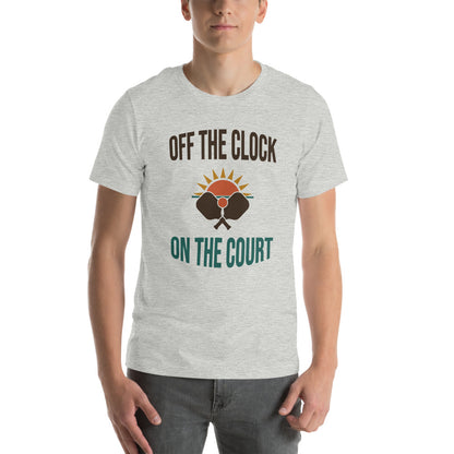 model wearing Off The Clock On The Court retro pickleball tee — Athletic Heather