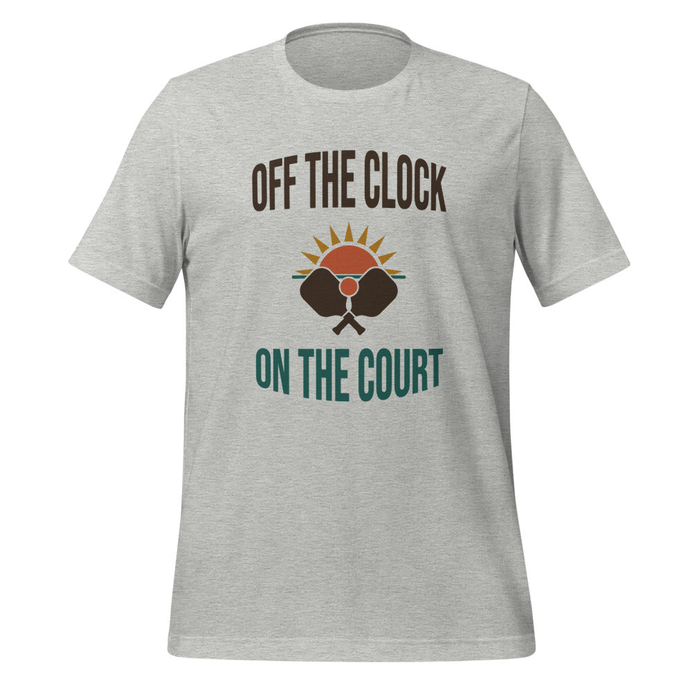 Off The Clock On The Court retro pickleball tee — Athletic Heather, front