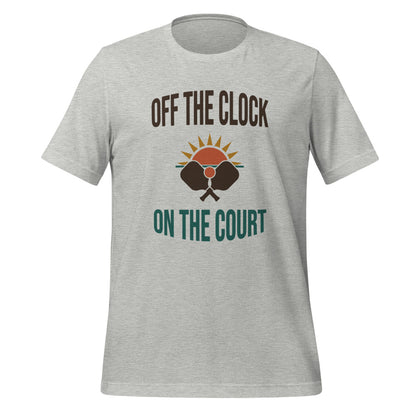 Off The Clock On The Court retro pickleball tee — Athletic Heather, front