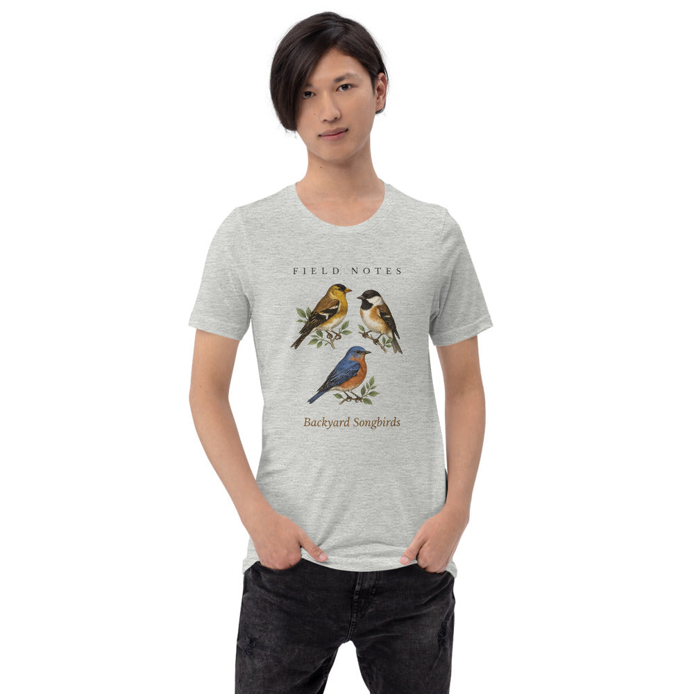 Backyard Songbirds vintage field-guide tee — Athletic Heather, on model
