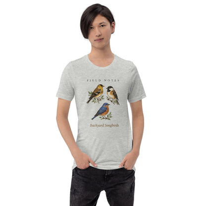 Backyard Songbirds vintage field-guide tee — Athletic Heather, on model