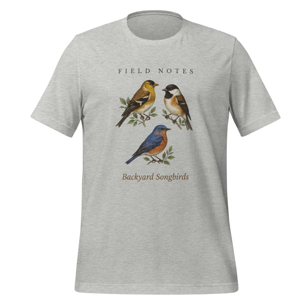 Backyard Songbirds vintage field-guide tee — Athletic Heather, front