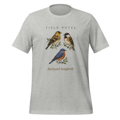 Backyard Songbirds vintage field-guide tee — Athletic Heather, front