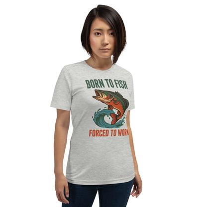 Born to Fish Forced to Work retro fishing humor tee — Athletic Heather, on model