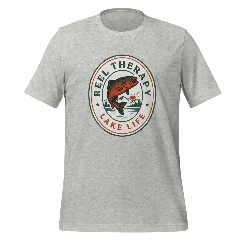 Reel Therapy retro national-park trout badge fishing tee — Athletic Heather, front