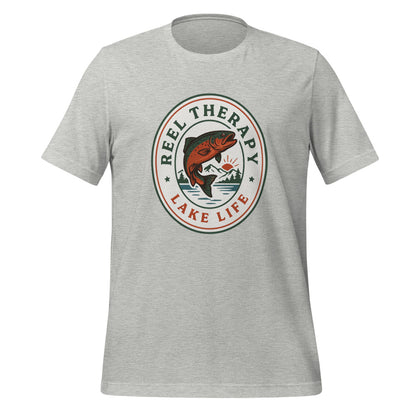 Reel Therapy retro national-park trout badge fishing tee — Athletic Heather, front