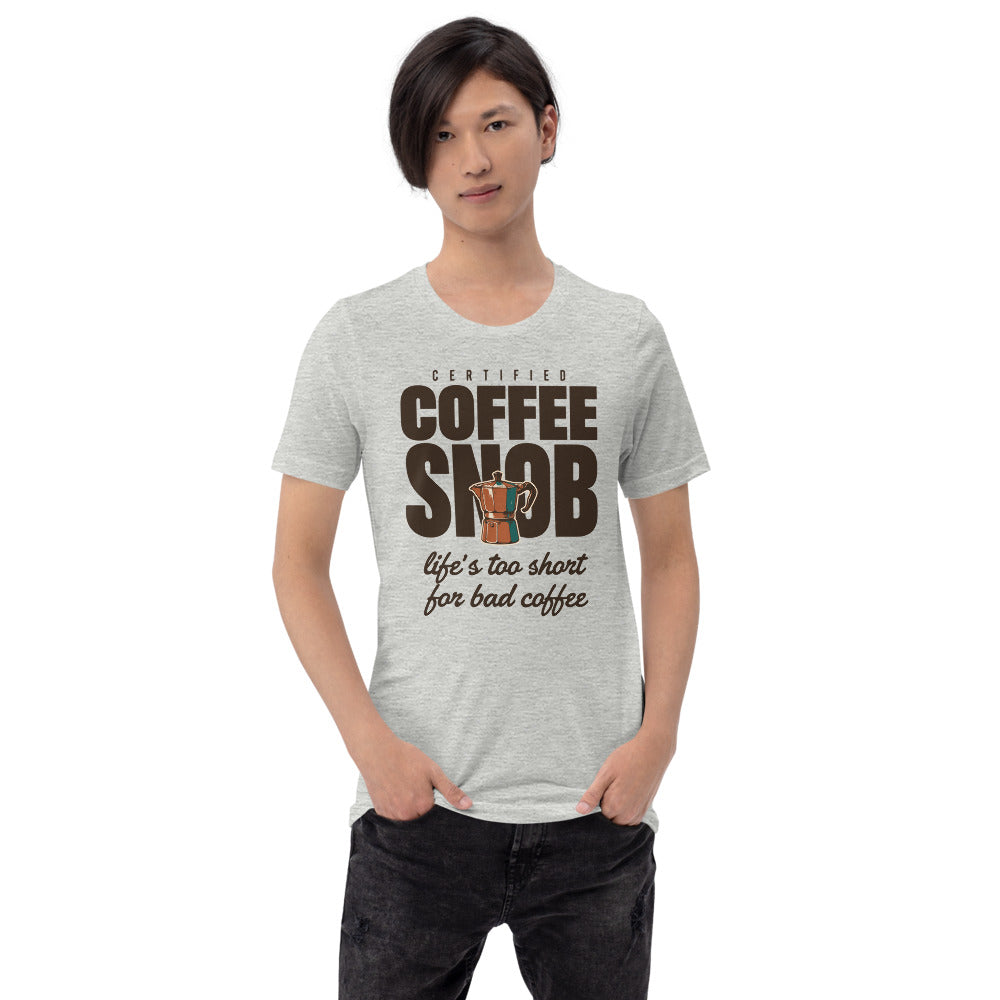 Certified Coffee Snob coffee tee — Athletic Heather, on model