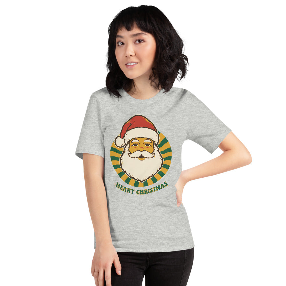 Groovy Santa retro Christmas tee — Athletic Heather, on model