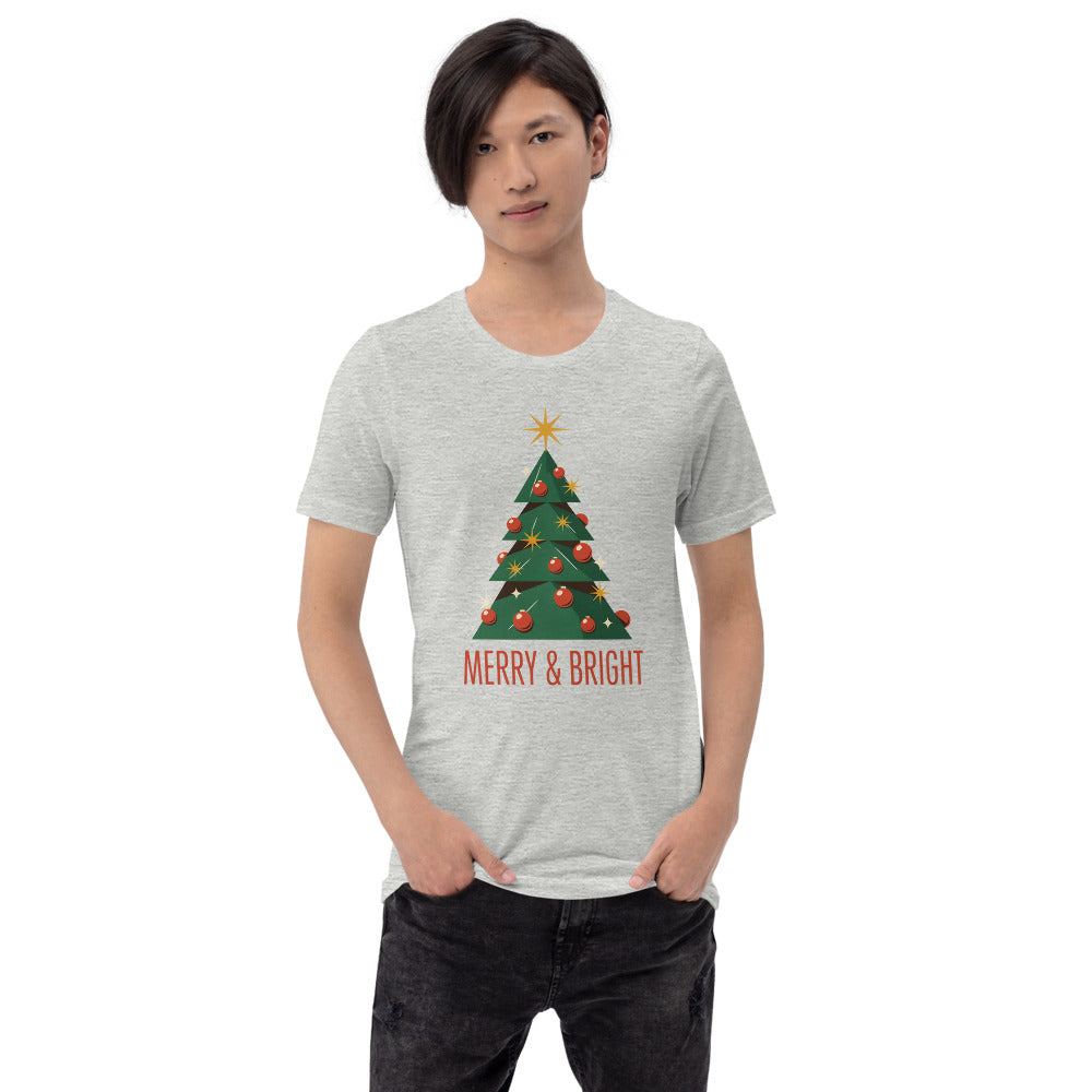 Atomic mid-century retro Christmas tree tee — Athletic Heather, on model
