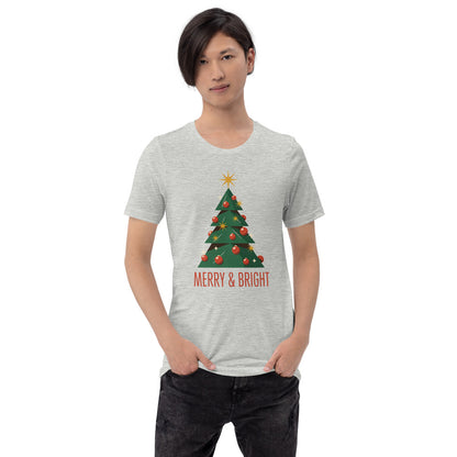 Atomic mid-century retro Christmas tree tee — Athletic Heather, on model