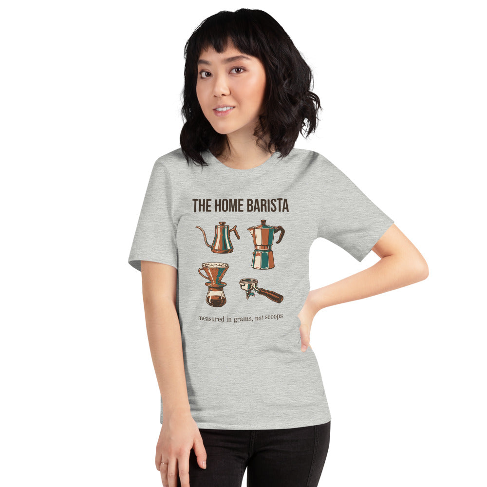 The Home Barista specialty coffee tee — Athletic Heather, on model