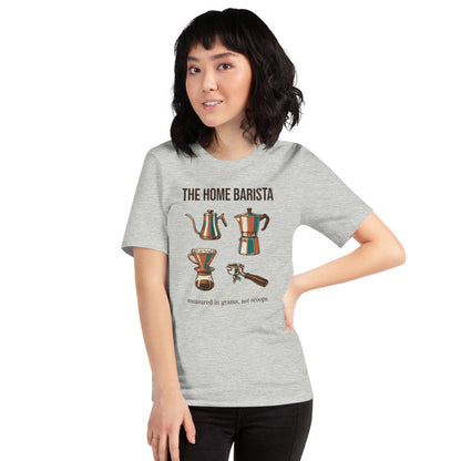 The Home Barista specialty coffee tee — Athletic Heather, on model