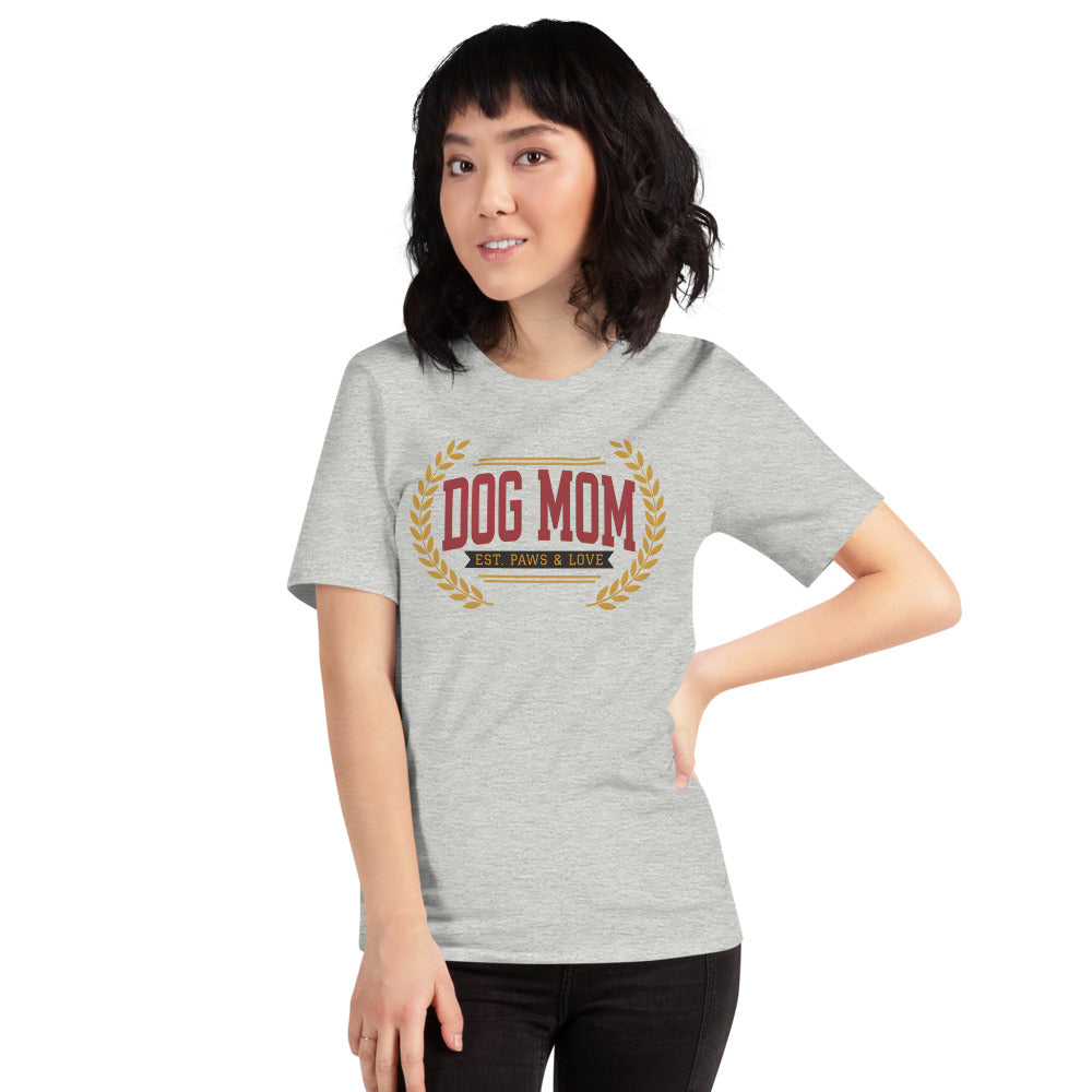 Dog Mom vintage varsity wordmark tee — Athletic Heather, on model