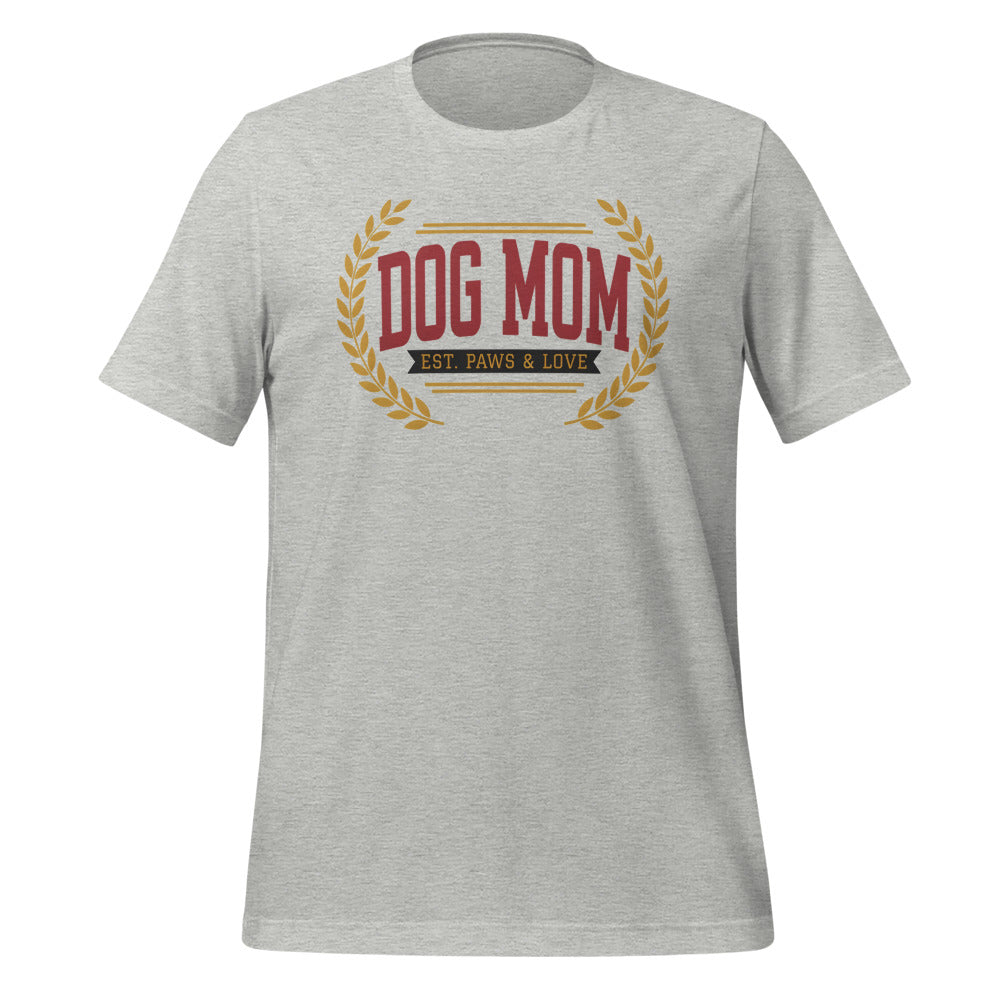 Dog Mom vintage varsity wordmark tee — Athletic Heather, front