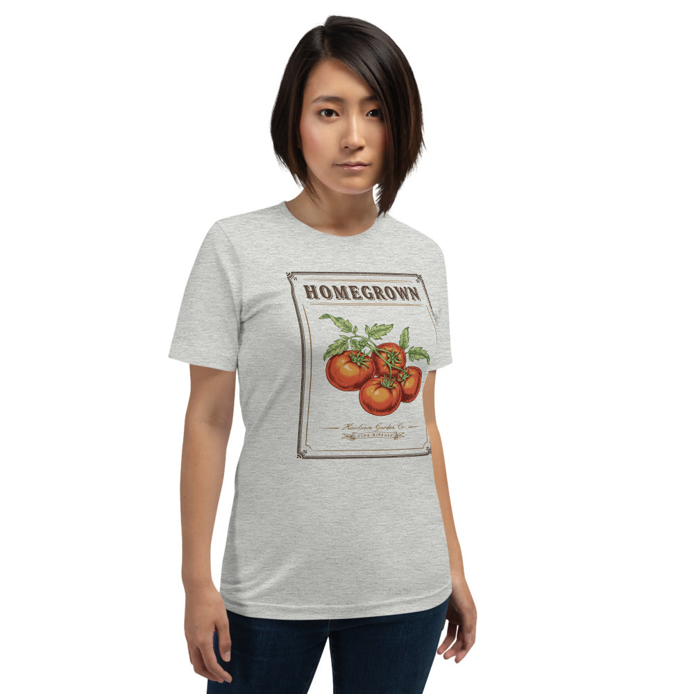 Homegrown Heirloom Seed Packet gardening tee — Athletic Heather, on model