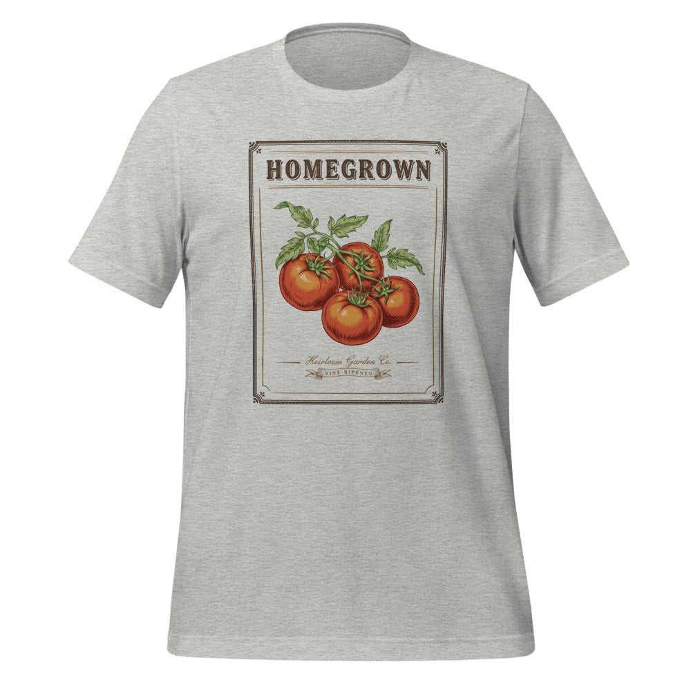 Homegrown Heirloom Seed Packet gardening tee — Athletic Heather, front