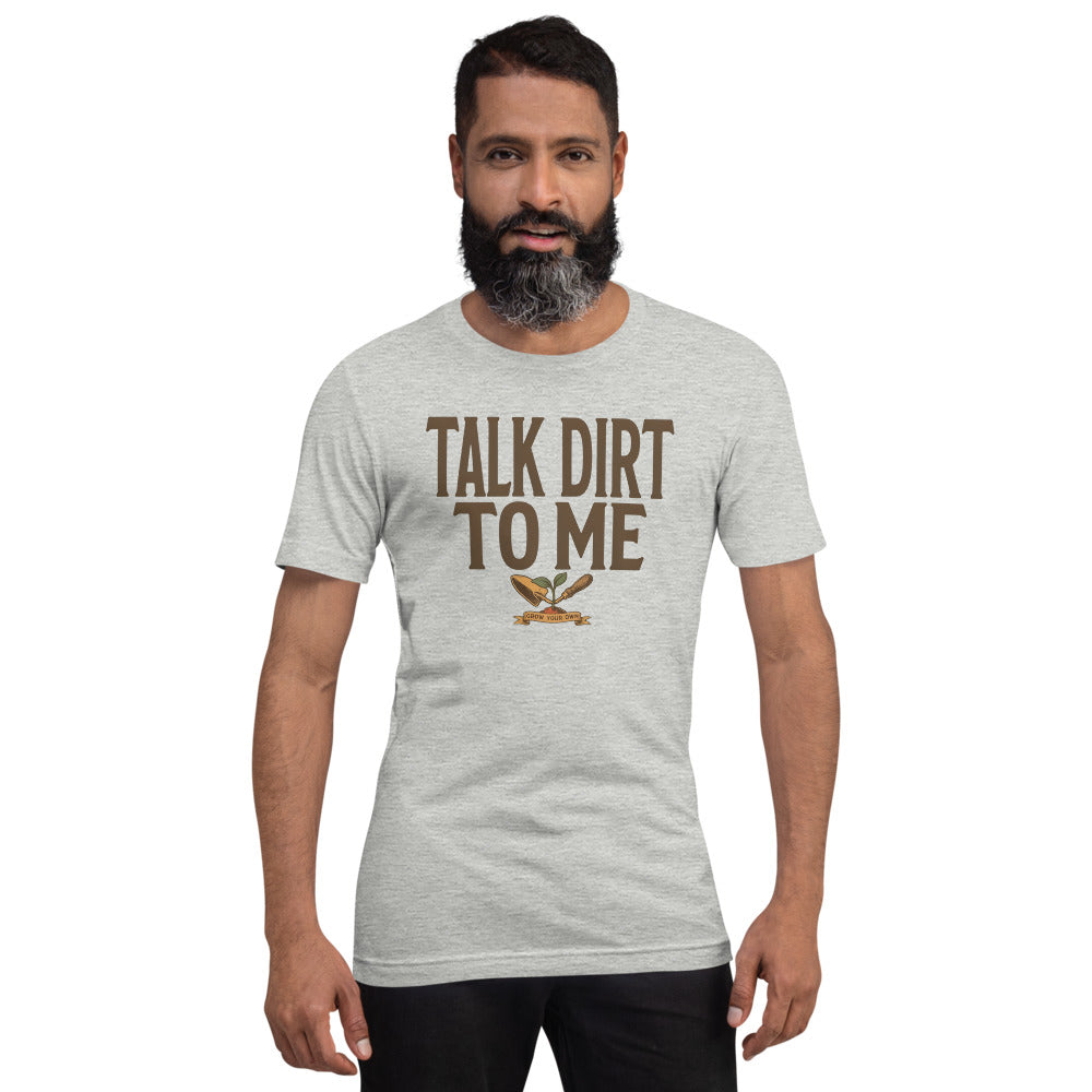 Talk Dirt To Me funny gardening tee — Athletic Heather, on model