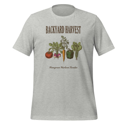 Backyard Harvest heirloom vegetable gardening tee — Athletic Heather, front