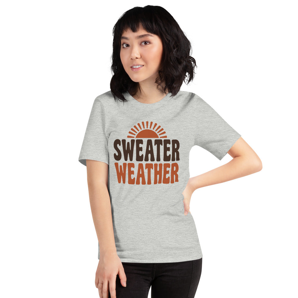 Sweater Weather retro 70s fall t-shirt — Athletic Heather, on model