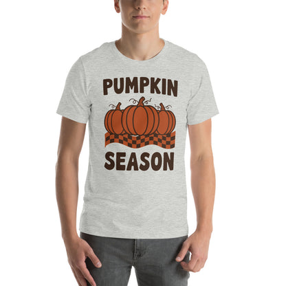 Pumpkin Season retro 70s fall t-shirt — Athletic Heather, on model