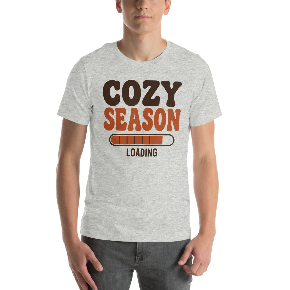 Cozy Season Loading retro 70s fall t-shirt — Athletic Heather, on model