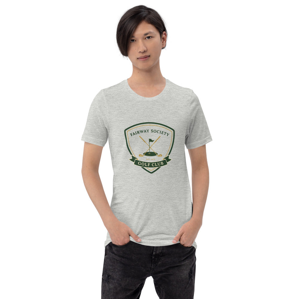 Fairway Society vintage golf club crest tee — Athletic Heather, on model