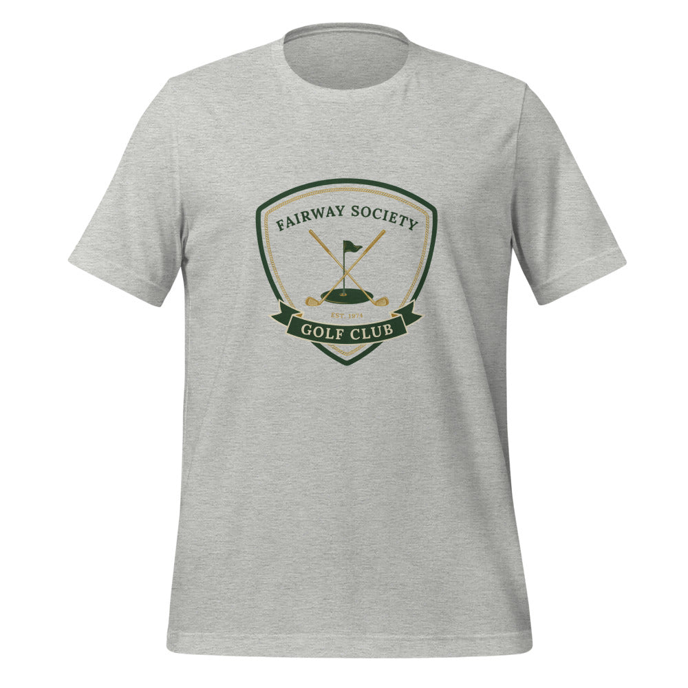 Fairway Society vintage golf club crest tee — Athletic Heather, front