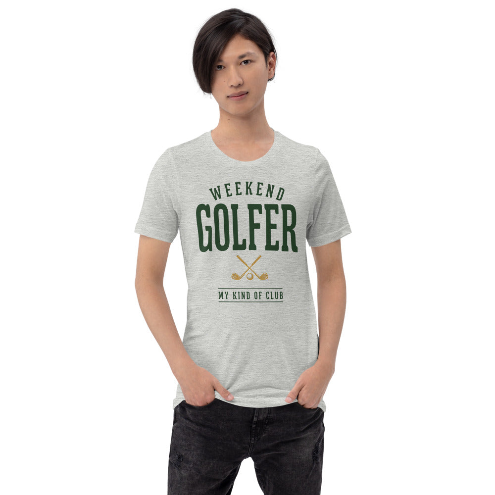 Weekend Golfer vintage golf wordmark tee — Athletic Heather, on model