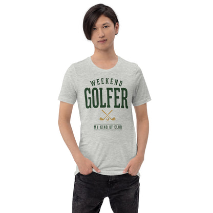 Weekend Golfer vintage golf wordmark tee — Athletic Heather, on model