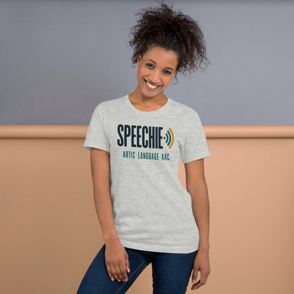 Speechie Wordmark speech therapy tee — Athletic Heather, on model