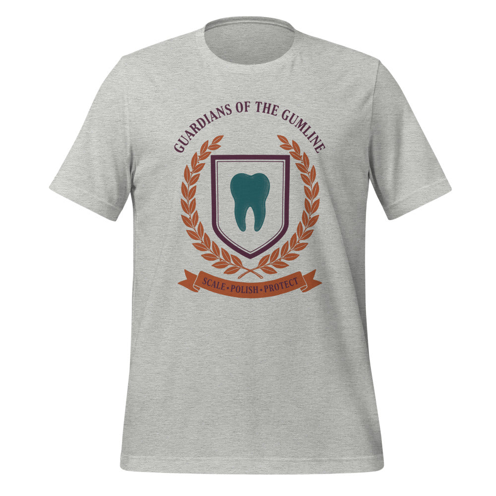 Guardians of the Gumline dental hygienist tee — Athletic Heather, front