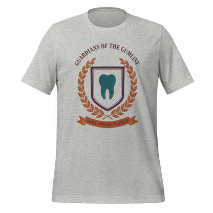 Guardians of the Gumline dental hygienist tee — Athletic Heather, front