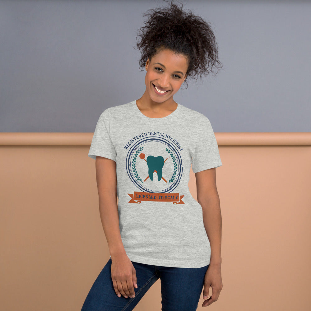 Licensed to Scale registered dental hygienist tee — Athletic Heather, on model