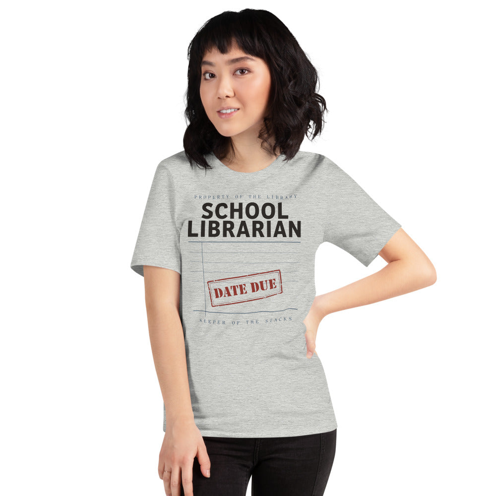 Property of the School Library card catalog school librarian tee — Athletic Heather, on model