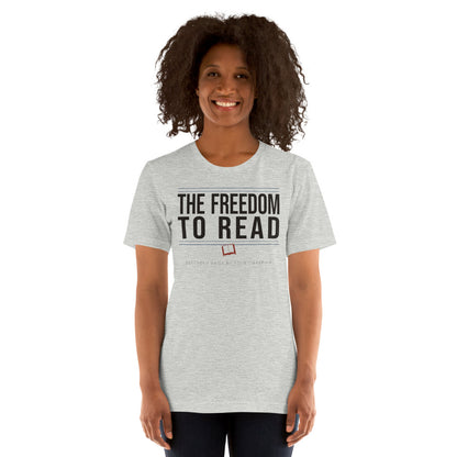 The Freedom to Read school librarian tee — Athletic Heather, on model