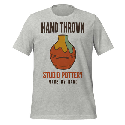 Hand Thrown Studio Pottery retro poster t-shirt — Athletic Heather, front