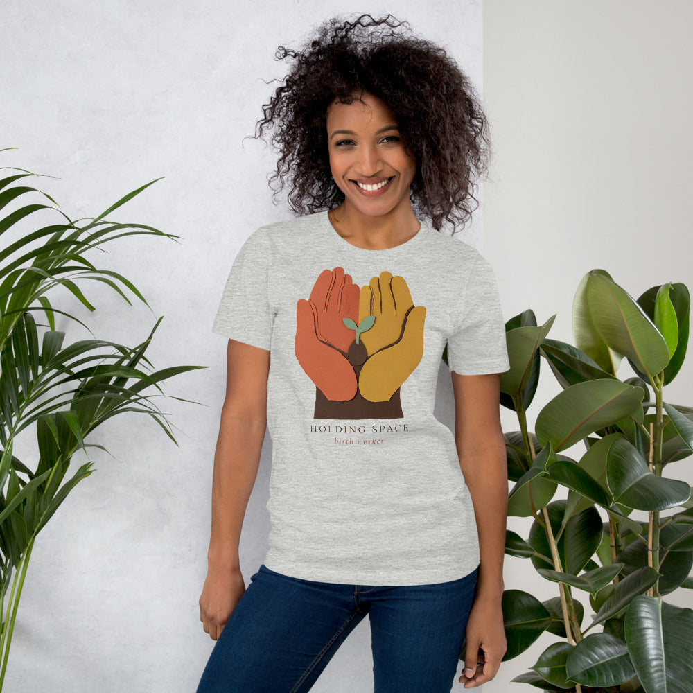 Holding Space birth worker doula t-shirt — Athletic Heather, on model