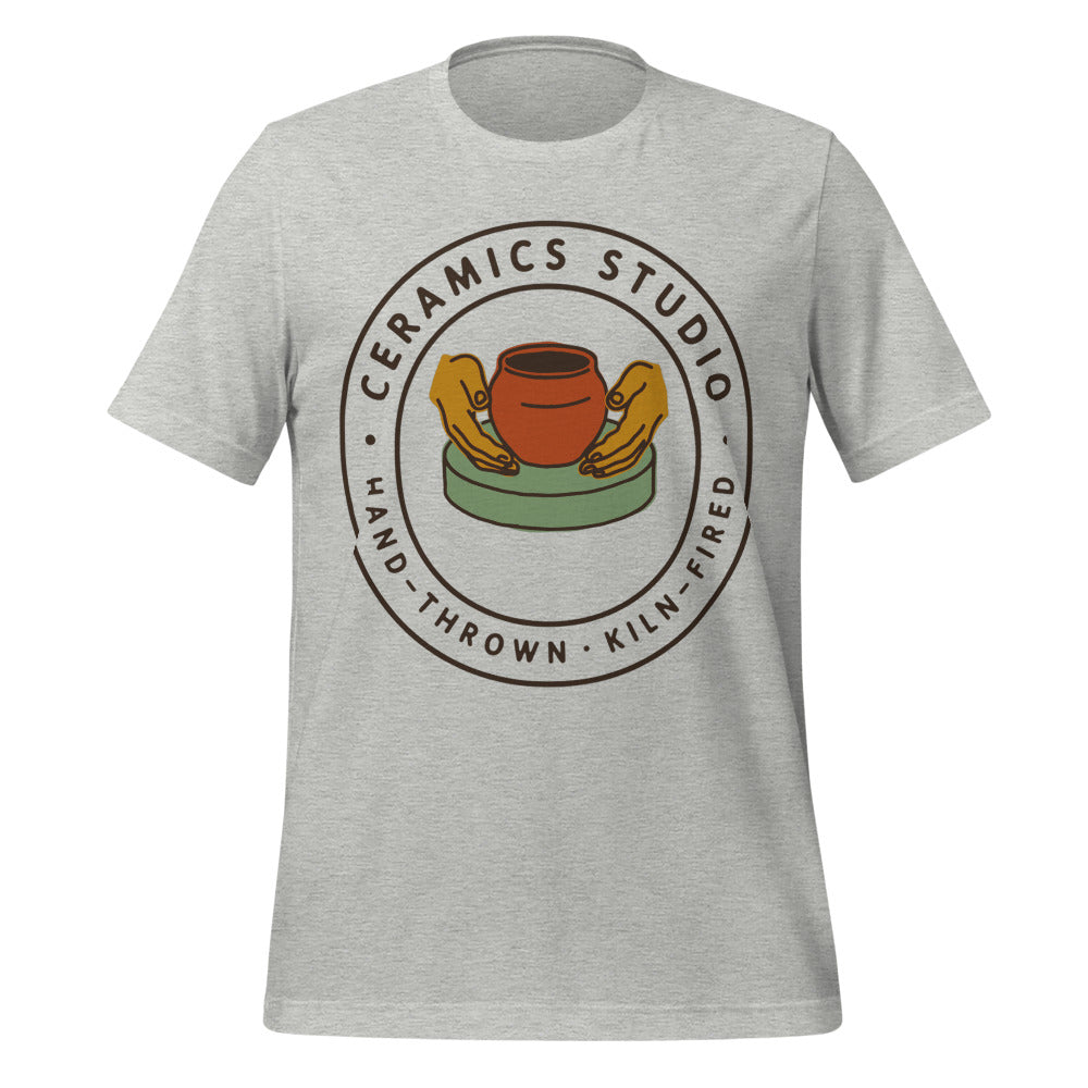 Ceramics Studio Badge hand-thrown pottery t-shirt — Athletic Heather, front